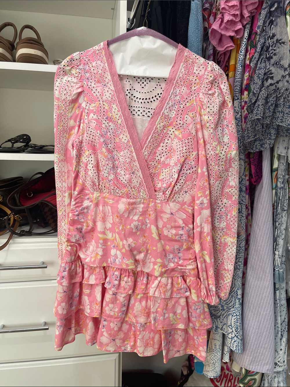 LoveShackFancy Pink Floral Eyelet Mini Dress